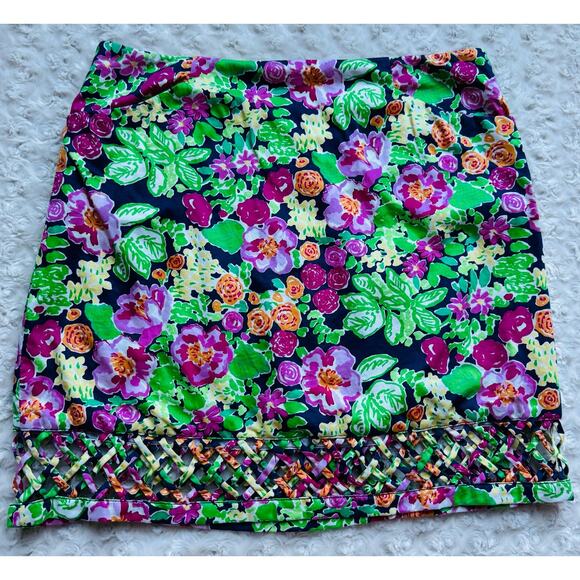 Lilly Pulitzer Women Floral Lattice Hem Pink Green Preppy Sorority Coton Skirt 6 - Picture 1 of 10